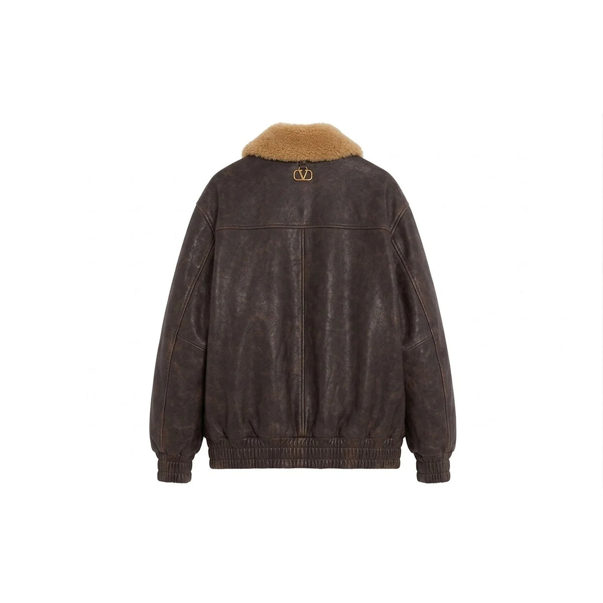 Back view of distressed brown leather aviator bomber jacket