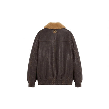Back view of distressed brown leather aviator bomber jacket