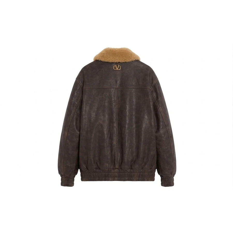 Blouson bomber aviateur en cuir marron vieilli pour homme – Col en fausse fourrure – detail view
