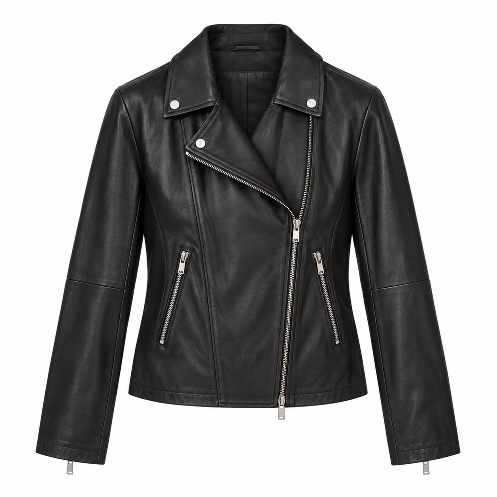 Women's black leather moto biker jacket with wide lapels and asymmetric zip, front view