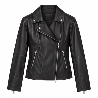 Women's black leather moto biker jacket with wide lapels and asymmetric zip, front view