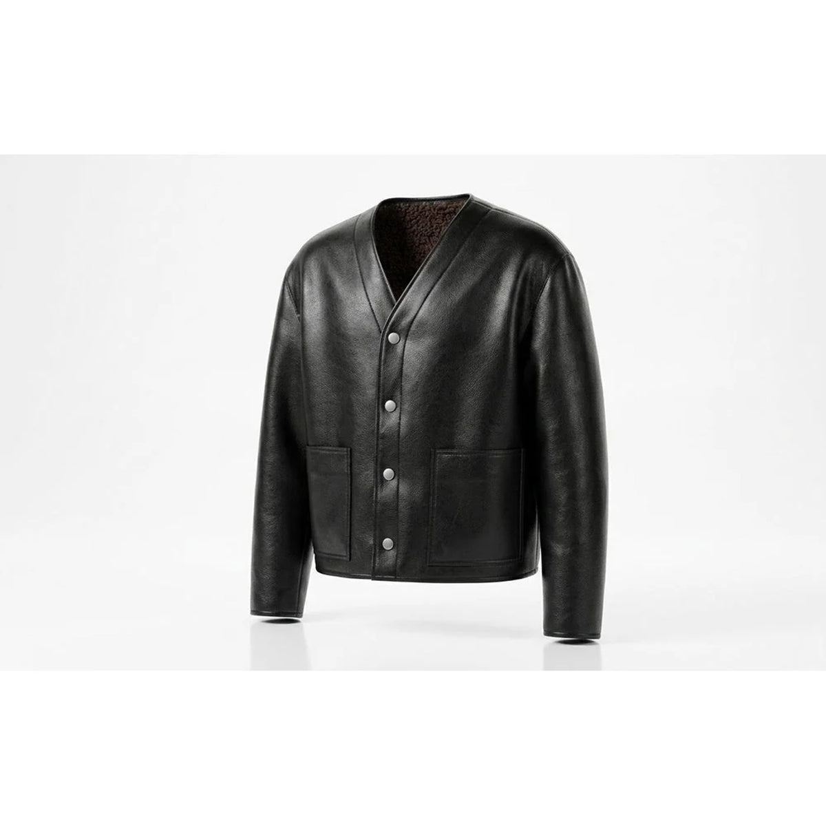 Front view of black collarless leather jacket with snap-button placket