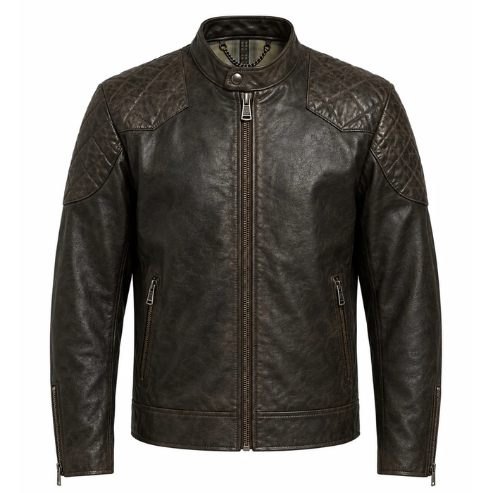 Men's distressed brown leather cafe racer jacket with quilted shoulders, front view