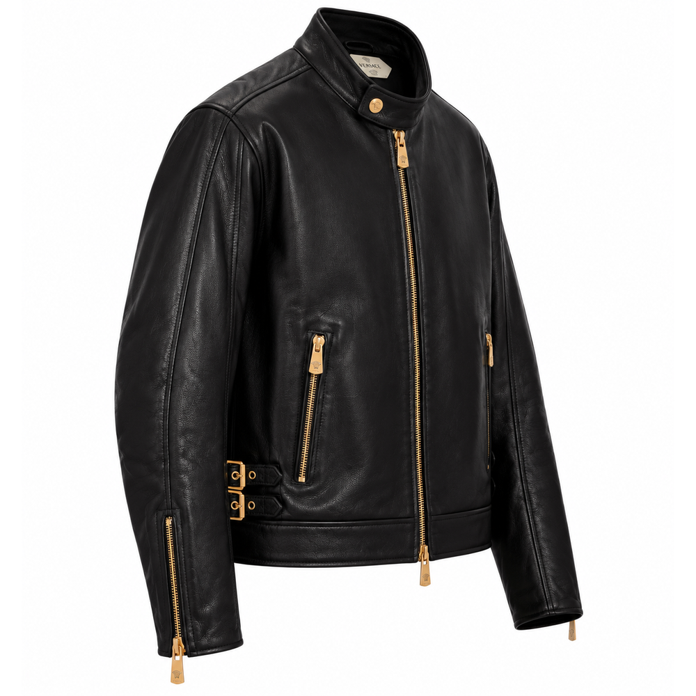 Three-quarter view of men's black leather racer jacket with gold hardware