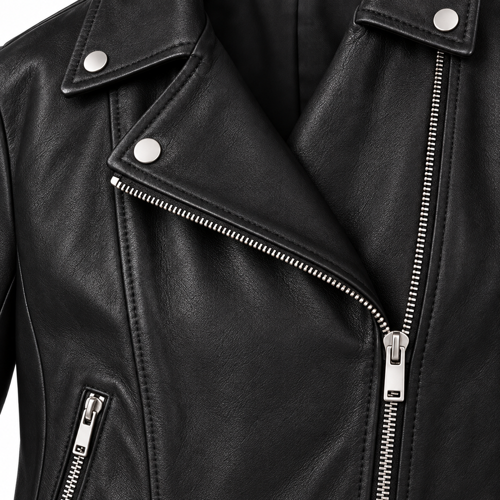 Close-up of asymmetric zip on black leather moto jacket