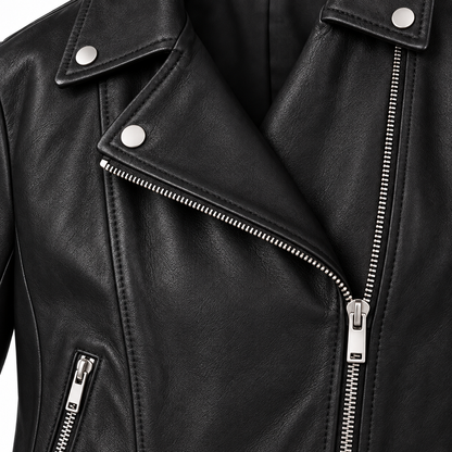 Close-up of asymmetric zip on black leather moto jacket