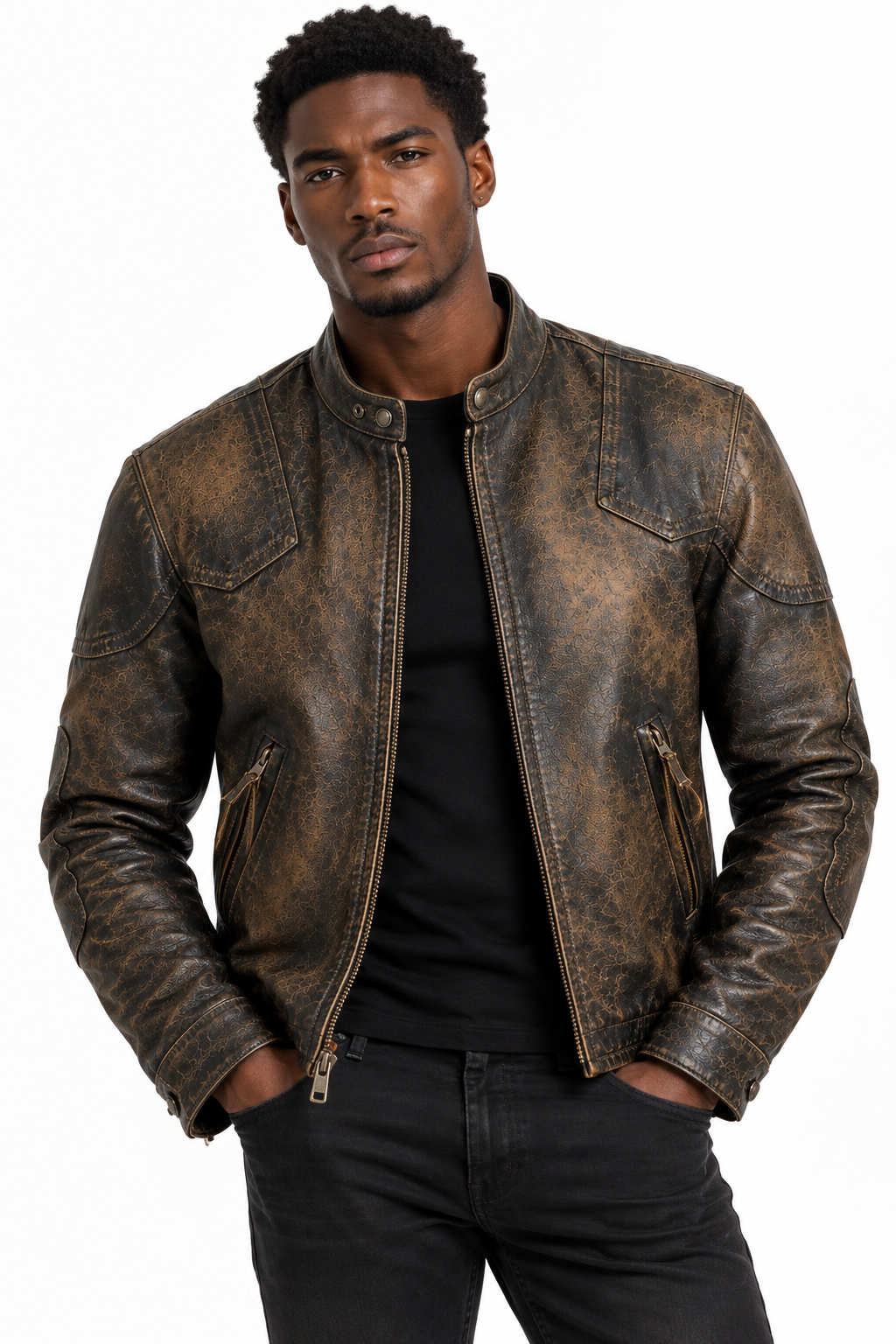 Man wearing a distressed brown leather moto jacket with black tee