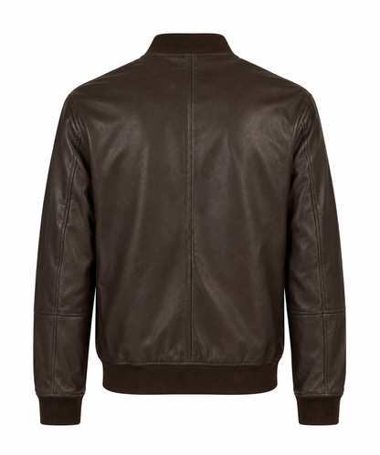 Back view of men's dark brown leather bomber jacket with ribbed waistband