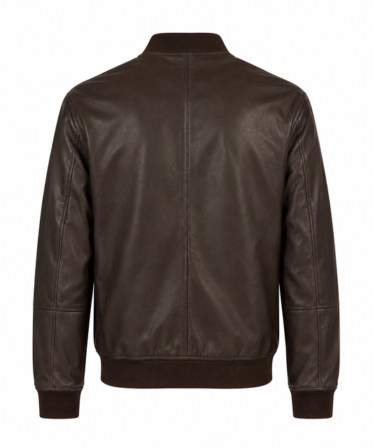 Back view of men's dark brown leather bomber jacket with ribbed waistband