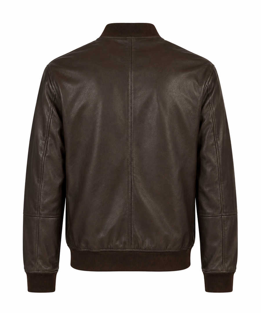 Men's Dark Brown Leather Bomber Jacket – Ribbed Cuffs – detail view