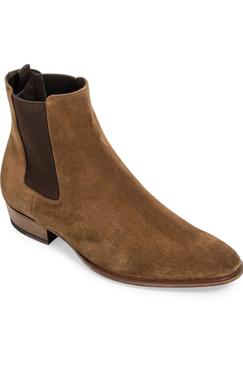 Men's tan suede Chelsea boot with almond toe, side view