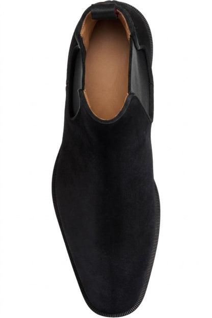 Top view of black suede Chelsea boot