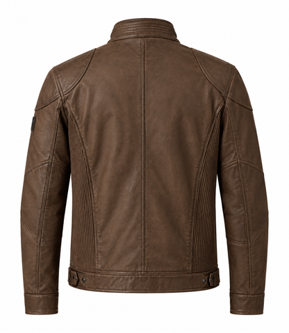 Back view of men's brown leather field jacket