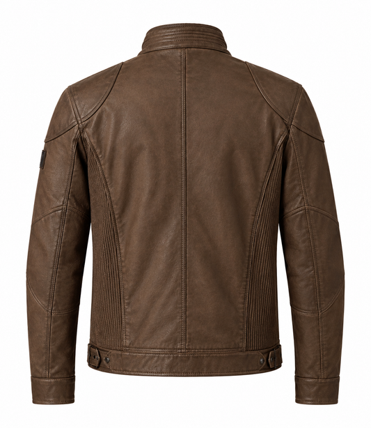 Back view of men's brown leather field jacket