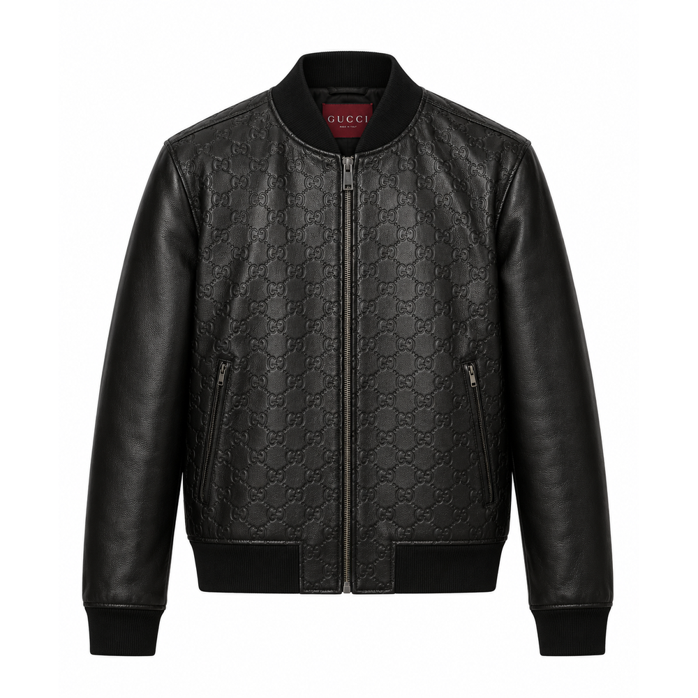 Men's black embossed leather bomber jacket with textured pattern, front view