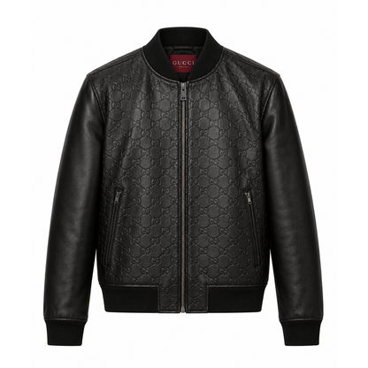 Men's black embossed leather bomber jacket with textured pattern, front view