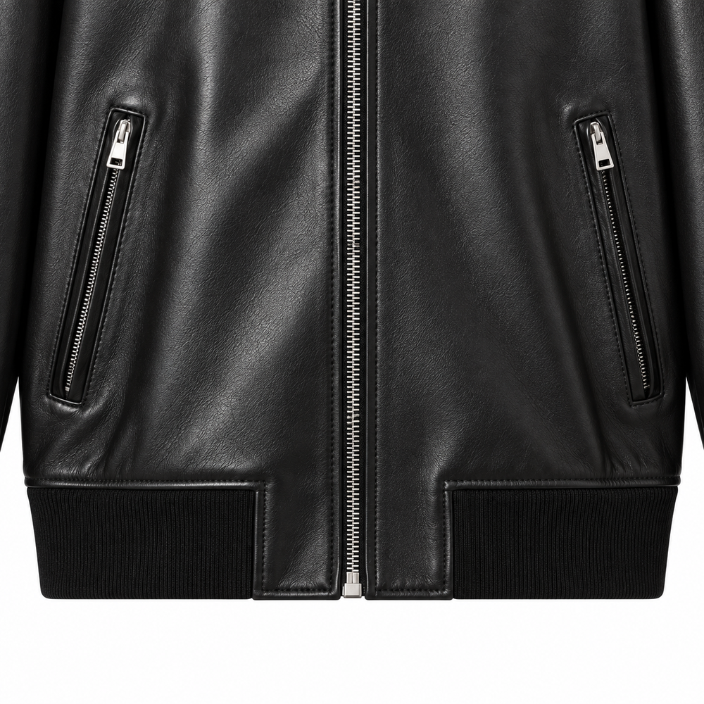 Close-up of zip pockets and ribbed waistband on black leather bomber jacket