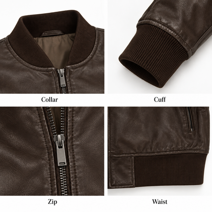 Close-up of collar, cuff, zip and waistband on brown leather bomber jacket