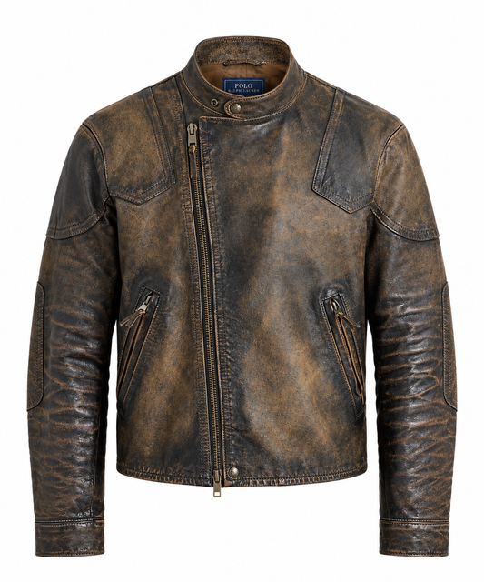 Men's distressed brown leather moto jacket with stand collar, front view