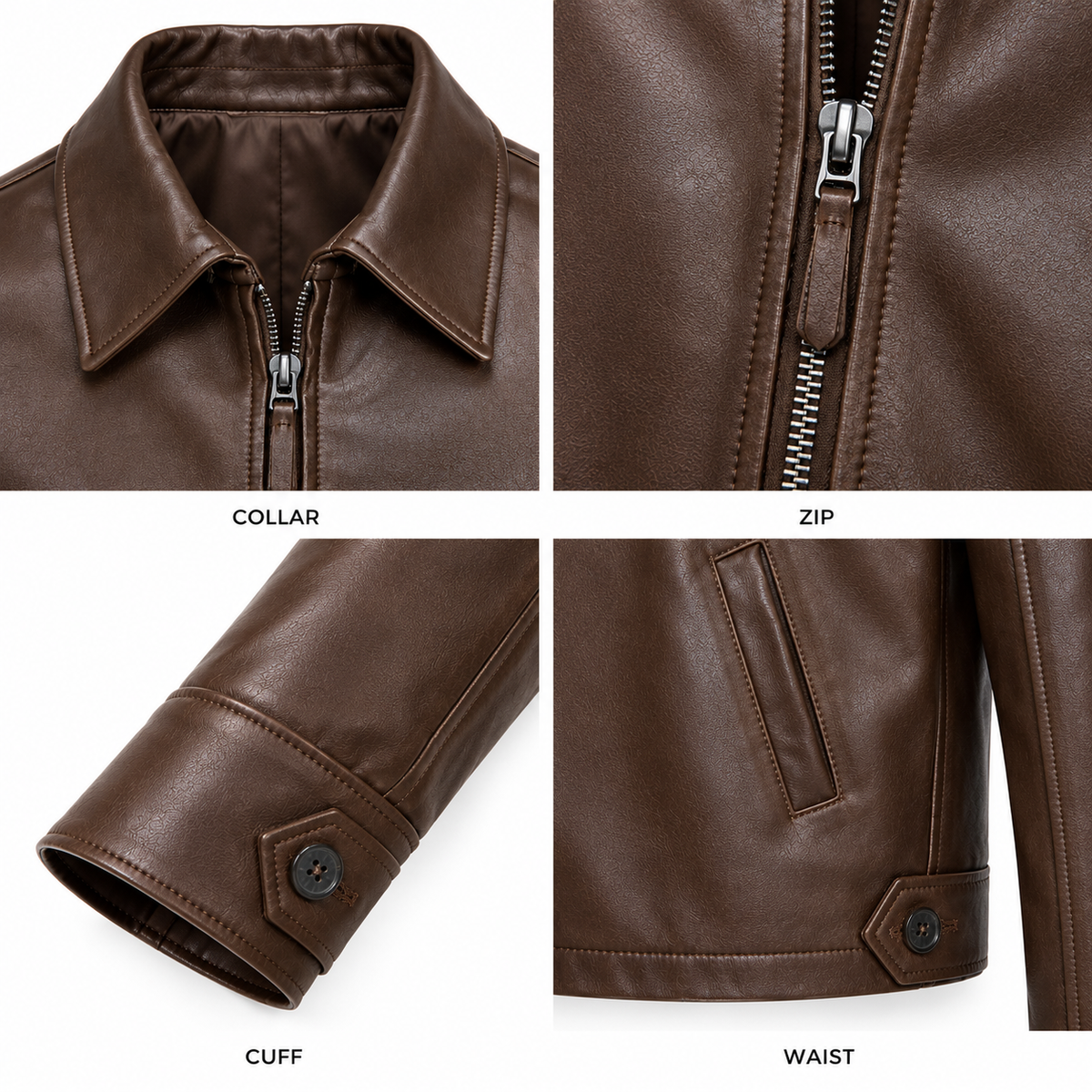 Close-up of collar, zip, cuff and pocket on brown leather jacket
