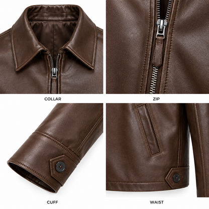 Close-up of collar, zip, cuff and pocket on brown leather jacket