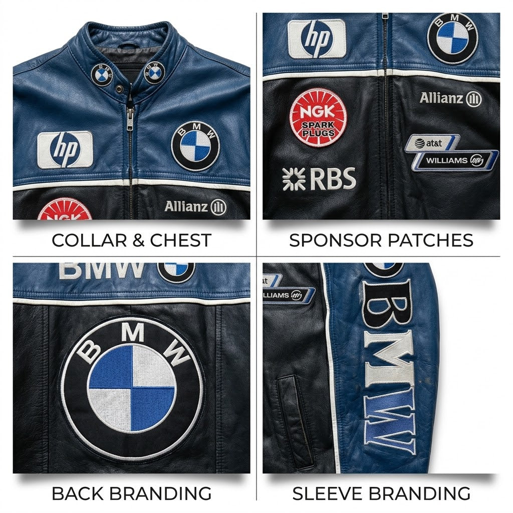 Close-up of collar, chest patches, back graphic and sleeve lettering on racing jacket