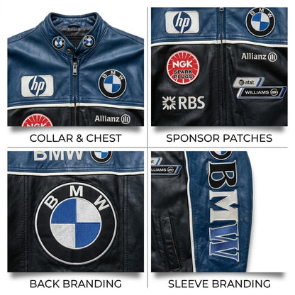 Close-up of collar, chest patches, back graphic and sleeve lettering on racing jacket