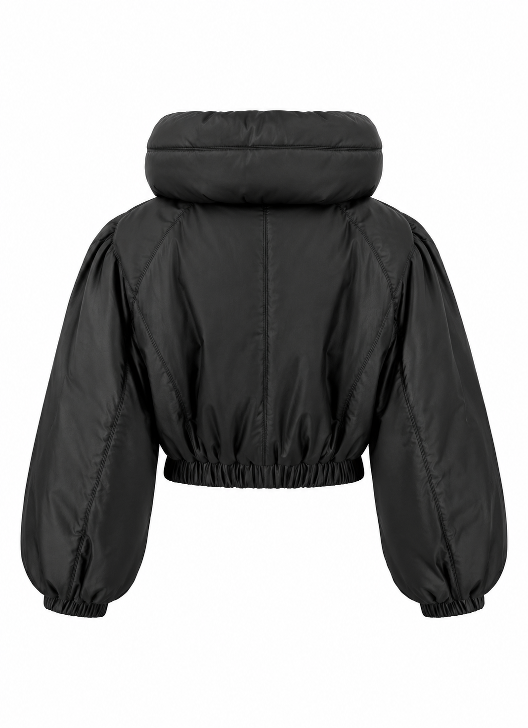Back view of women's black cropped puffer jacket with hood and elastic hem