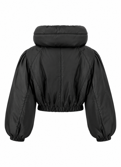 Back view of women's black cropped puffer jacket with hood and elastic hem