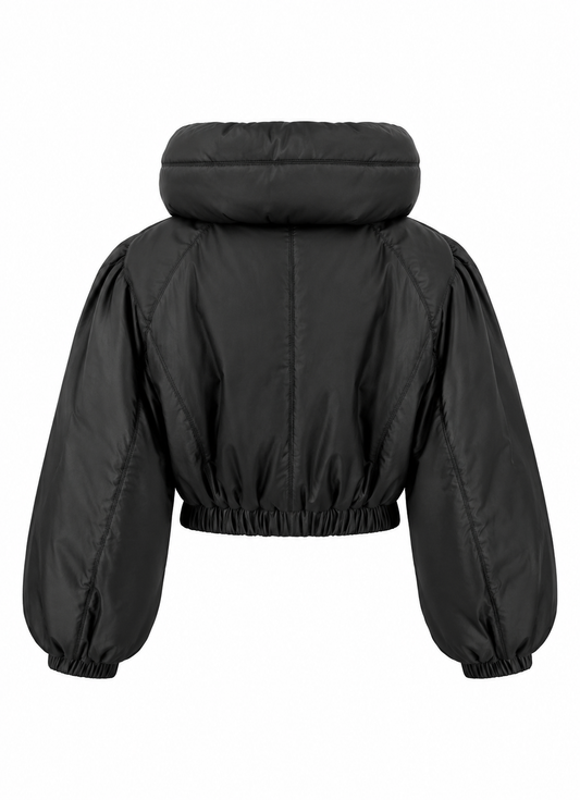 Back view of women's black cropped puffer jacket with hood and elastic hem