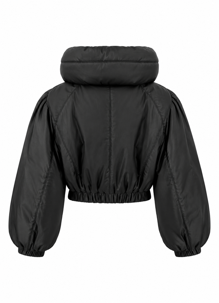Back view of women's black cropped puffer jacket with hood and elastic hem