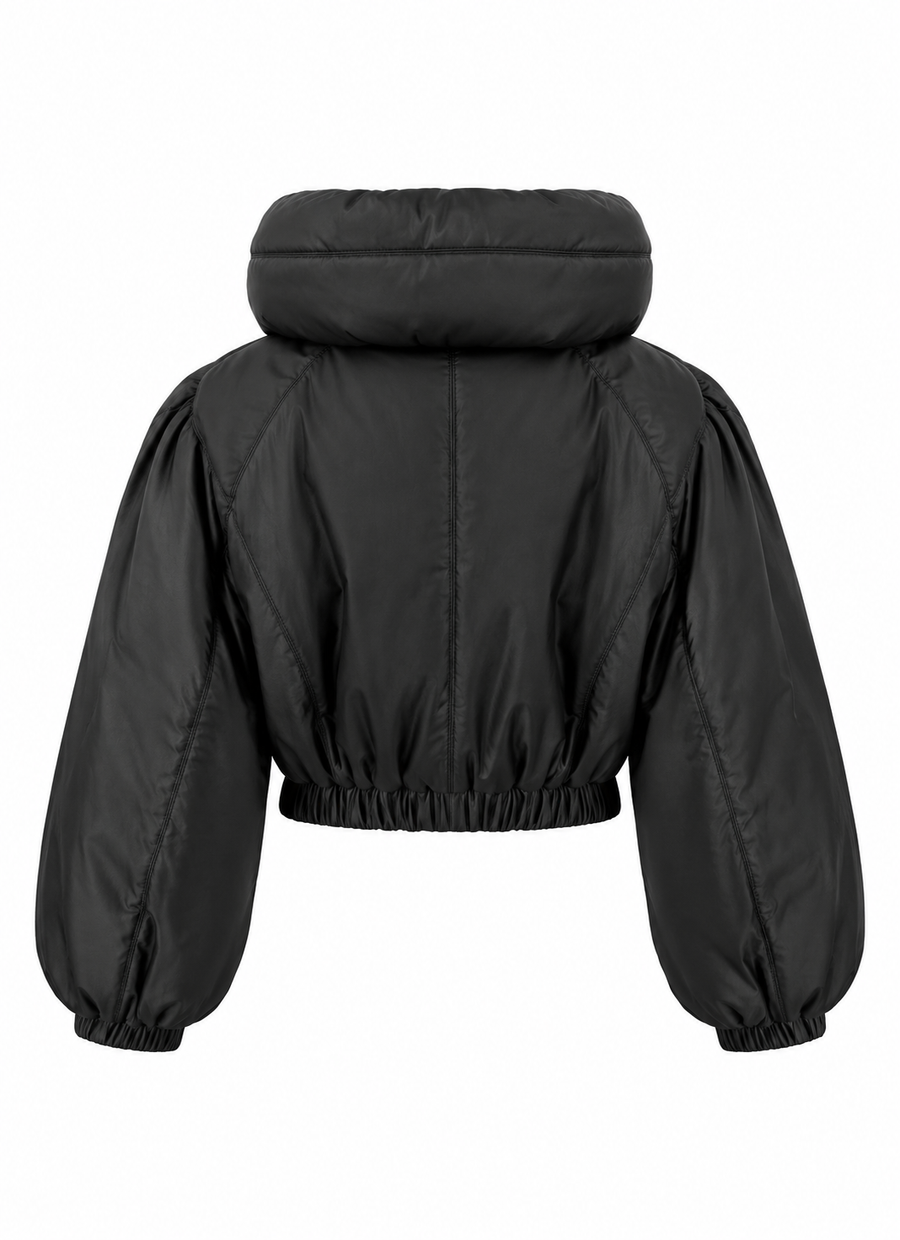 Women's Black Cropped Hooded Puffer Bomber Jacket – detail view
