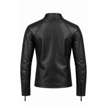 Back view of men's black slim fit leather jacket with contoured seams