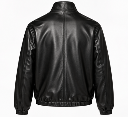 Back view of men's black leather blouson jacket