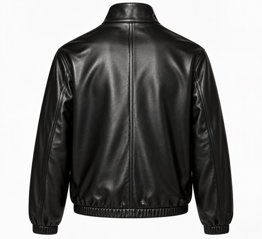 Back view of men's black leather blouson jacket