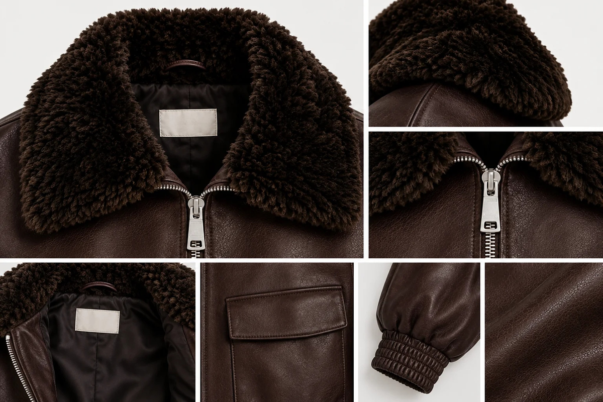 Close-up details of fur collar, zip, lining, pockets and cuffs on brown aviator jacket
