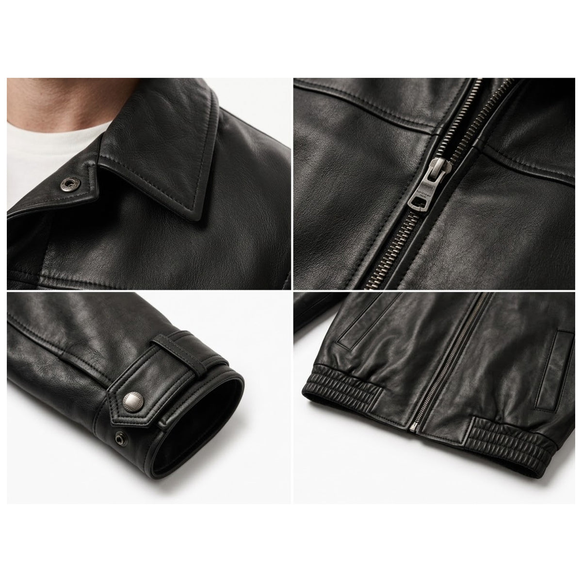 Close-up of shirt collar, zip, cuff and pocket on black leather jacket