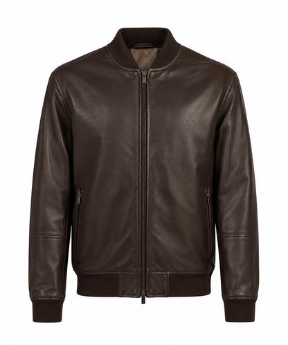 Men's dark brown leather bomber jacket with ribbed collar and full zip, front view