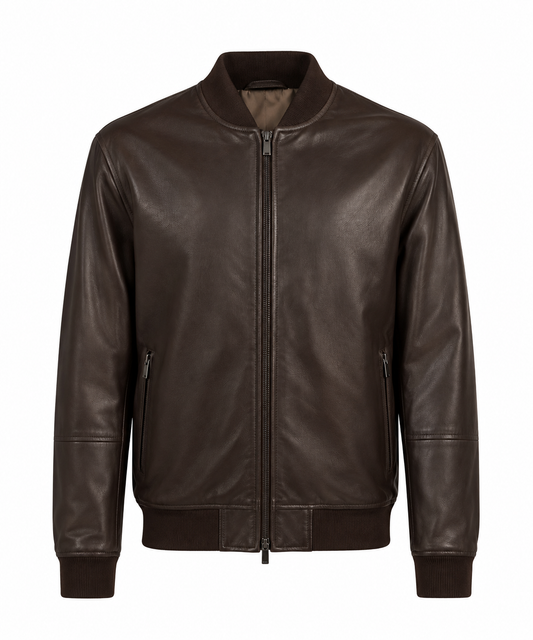 Men's dark brown leather bomber jacket with ribbed collar and full zip, front view
