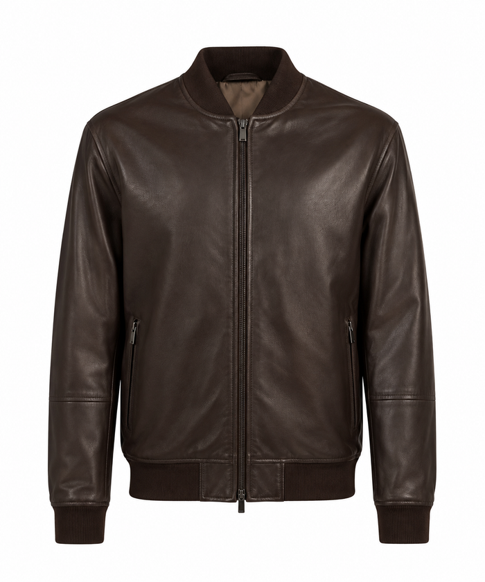 Men's dark brown leather bomber jacket with ribbed collar and full zip, front view