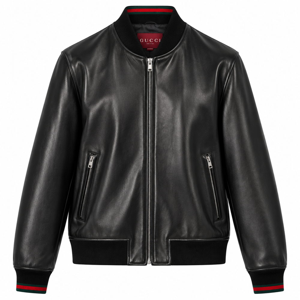 Men's black leather bomber jacket with red-tipped ribbed collar and full zip, front view