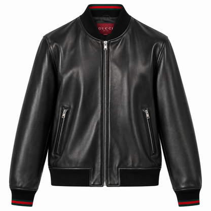 Men's black leather bomber jacket with red-tipped ribbed collar and full zip, front view