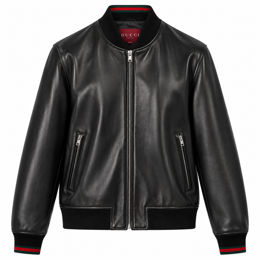Men's black leather bomber jacket with red-tipped ribbed collar and full zip, front view