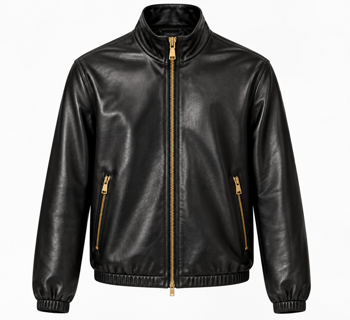 Men's black leather jacket with stand collar and gold zip, front view