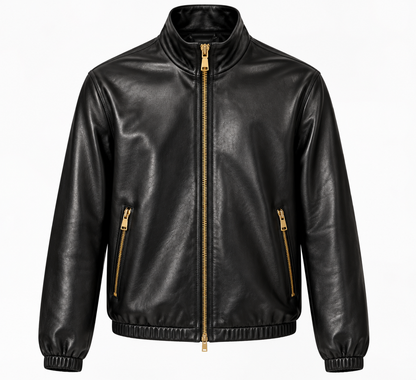Men's black leather jacket with stand collar and gold zip, front view