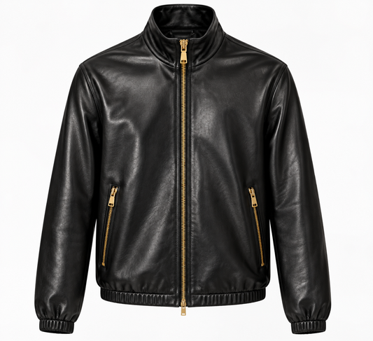 Men's black leather jacket with stand collar and gold zip, front view