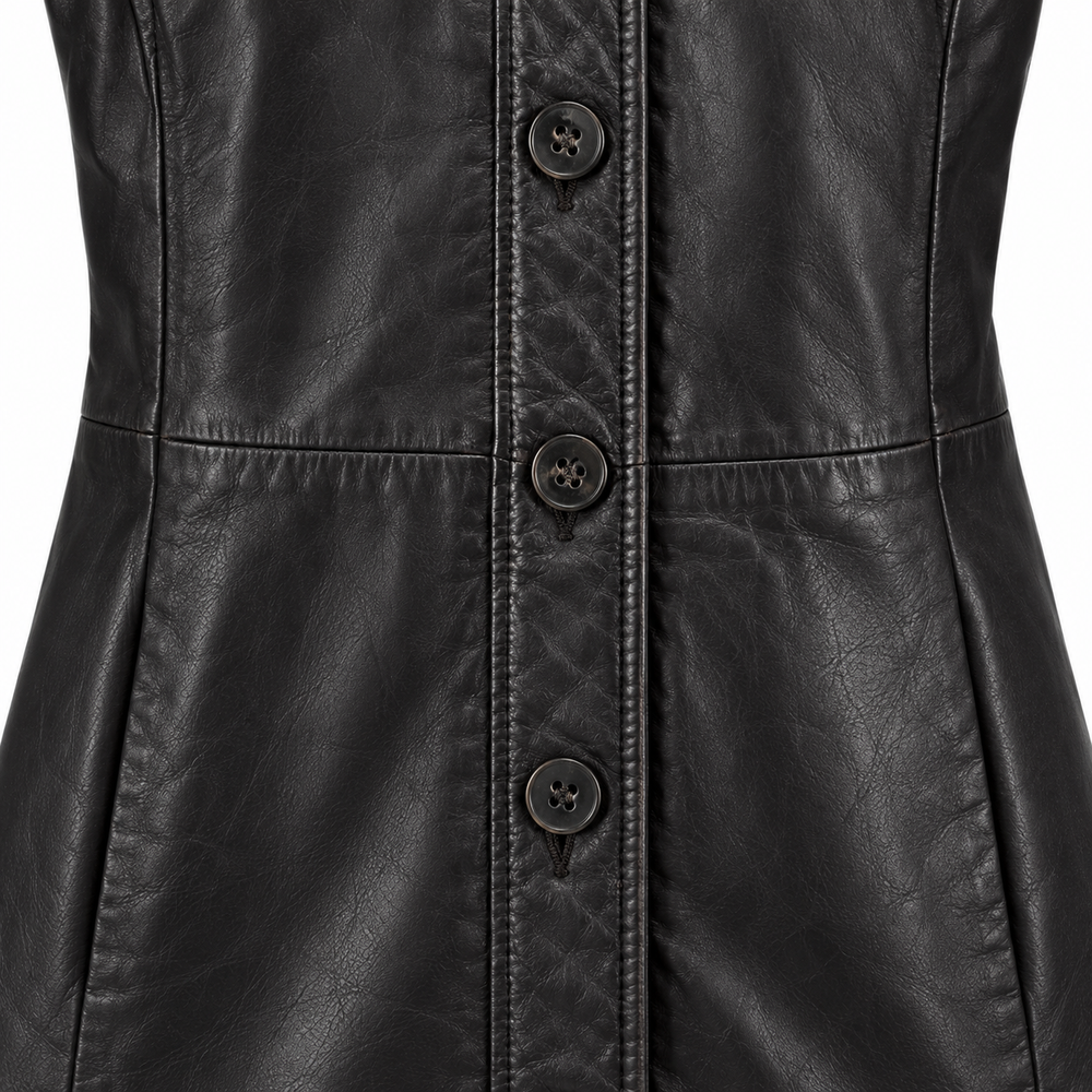Close-up of button front on black leather coat