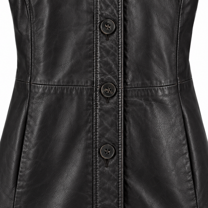 Close-up of button front on black leather coat