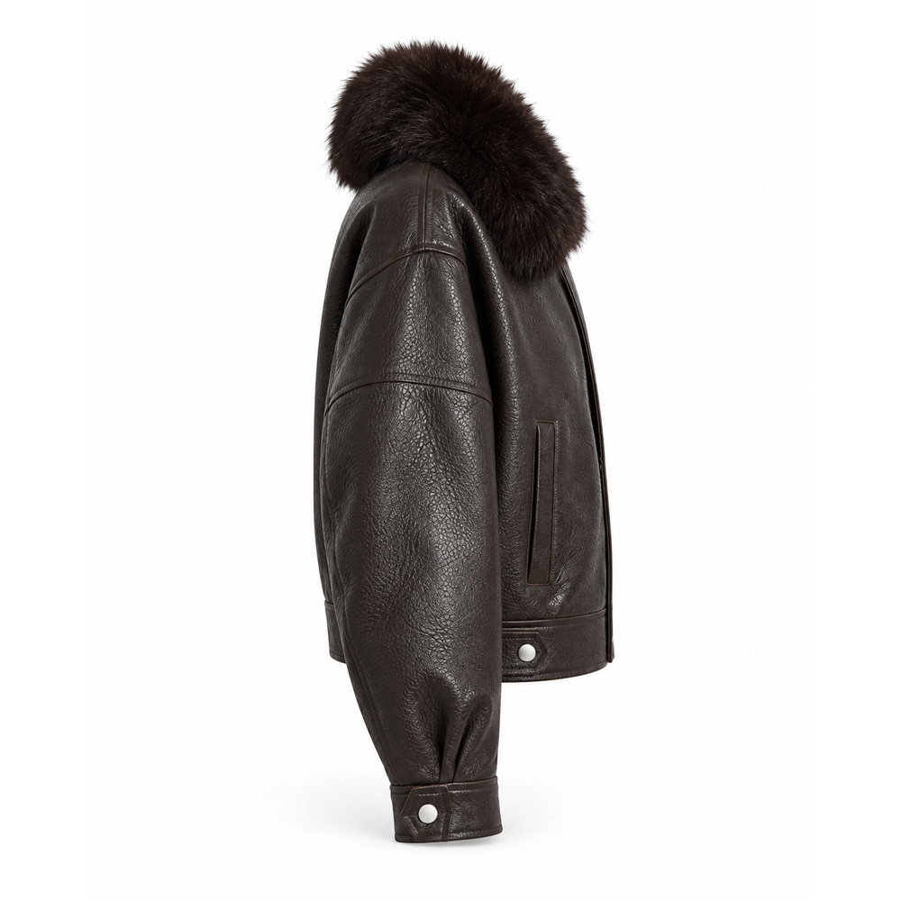 Back side view of women's dark brown leather aviator jacket