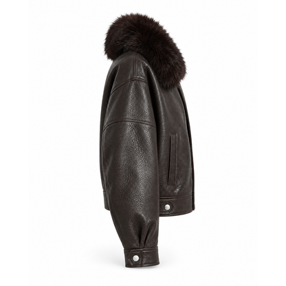Back side view of women's dark brown leather aviator jacket